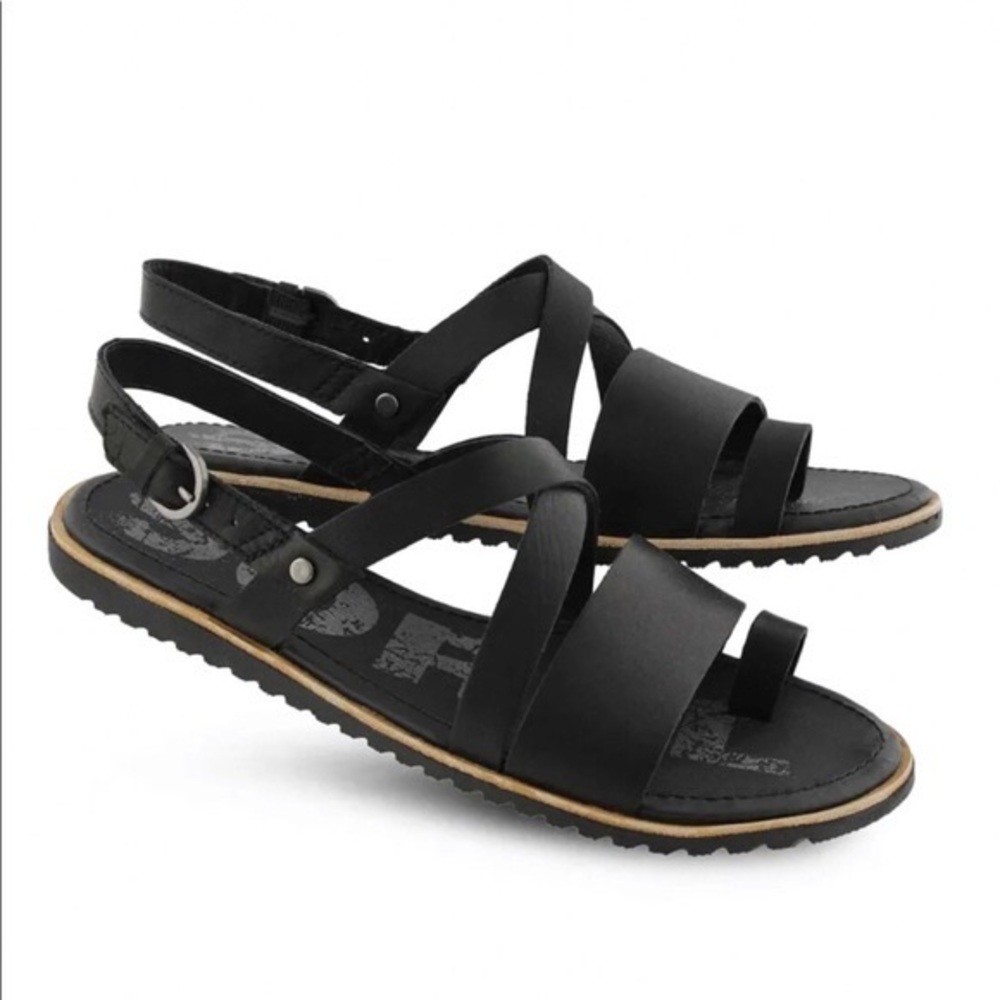 Sorel Ella Criss Cross Black Leather Strappy Sandals Shoes NL3281-010 Womens 9
